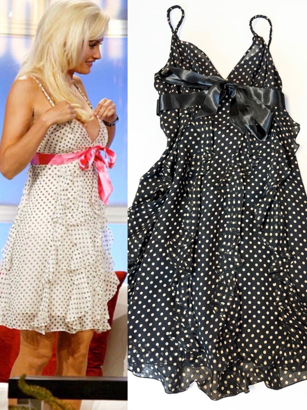 Y2K BCBGMAXAZRIA Silk Polka Dot Ruffle Dress ASO Holly Madison Alt Black Cream 4